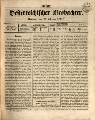 Der Oesterreichische Beobachter Sonntag 18. Februar 1844