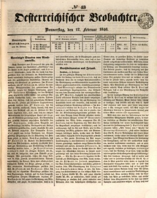 Der Oesterreichische Beobachter Donnerstag 12. Februar 1846