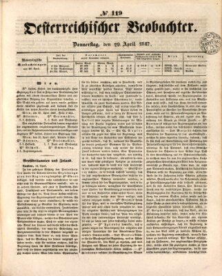 Der Oesterreichische Beobachter Donnerstag 29. April 1847