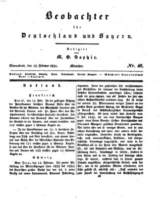 Bayer'scher Beobachter Samstag 22. Februar 1834