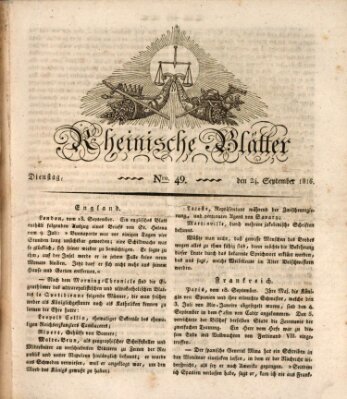 Rheinische Blätter Dienstag 24. September 1816