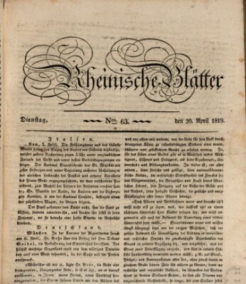 Rheinische Blätter Dienstag 20. April 1819