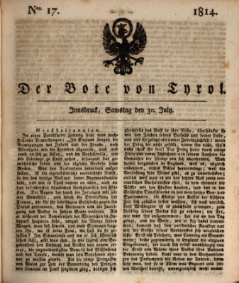 Bote für Tirol (Kaiserlich-Königlich privilegirter Bothe von und für Tirol und Vorarlberg) Samstag 30. Juli 1814