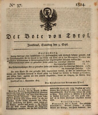 Bote für Tirol (Kaiserlich-Königlich privilegirter Bothe von und für Tirol und Vorarlberg) Samstag 3. September 1814