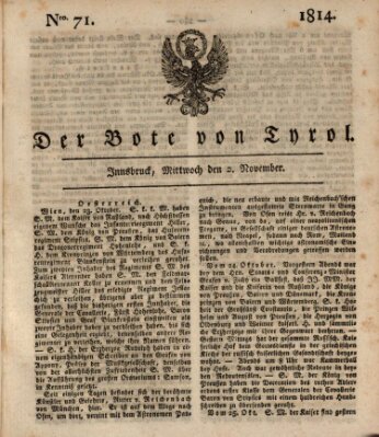 Bote für Tirol (Kaiserlich-Königlich privilegirter Bothe von und für Tirol und Vorarlberg) Mittwoch 2. November 1814