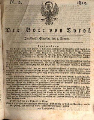 Bote für Tirol (Kaiserlich-Königlich privilegirter Bothe von und für Tirol und Vorarlberg) Samstag 7. Januar 1815