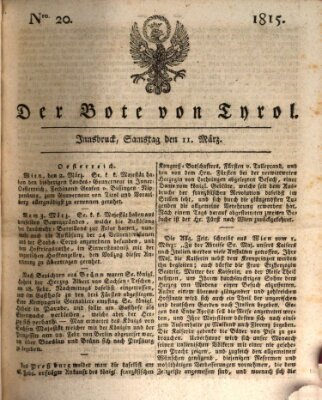 Bote für Tirol (Kaiserlich-Königlich privilegirter Bothe von und für Tirol und Vorarlberg) Samstag 11. März 1815