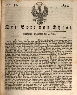 Bote für Tirol (Kaiserlich-Königlich privilegirter Bothe von und für Tirol und Vorarlberg) Samstag 1. Juli 1815