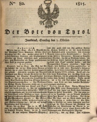 Bote für Tirol (Kaiserlich-Königlich privilegirter Bothe von und für Tirol und Vorarlberg) Samstag 7. Oktober 1815