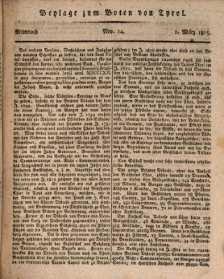 Bote für Tirol (Kaiserlich-Königlich privilegirter Bothe von und für Tirol und Vorarlberg) Mittwoch 1. März 1815