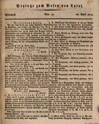 Bote für Tirol (Kaiserlich-Königlich privilegirter Bothe von und für Tirol und Vorarlberg) Mittwoch 26. April 1815