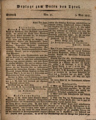 Bote für Tirol (Kaiserlich-Königlich privilegirter Bothe von und für Tirol und Vorarlberg) Mittwoch 3. Mai 1815