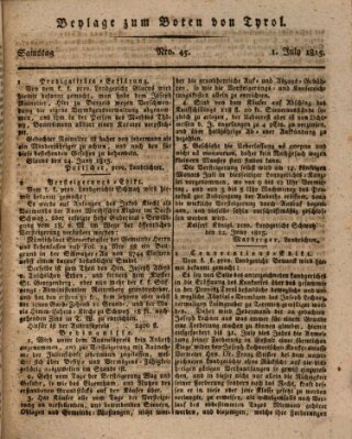 Bote für Tirol (Kaiserlich-Königlich privilegirter Bothe von und für Tirol und Vorarlberg) Samstag 1. Juli 1815