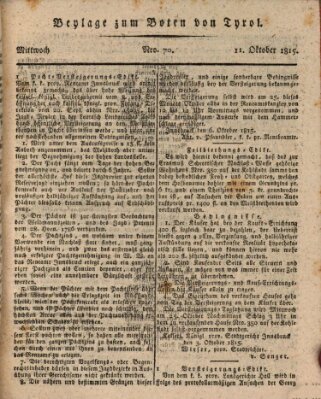 Bote für Tirol (Kaiserlich-Königlich privilegirter Bothe von und für Tirol und Vorarlberg) Mittwoch 11. Oktober 1815