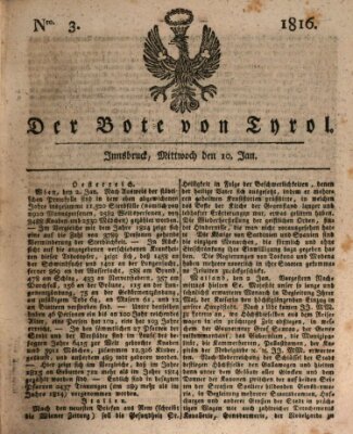 Bote für Tirol (Kaiserlich-Königlich privilegirter Bothe von und für Tirol und Vorarlberg) Mittwoch 10. Januar 1816