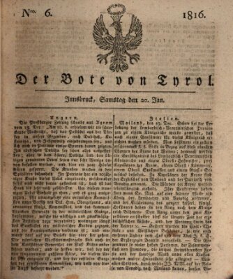 Bote für Tirol (Kaiserlich-Königlich privilegirter Bothe von und für Tirol und Vorarlberg) Samstag 20. Januar 1816