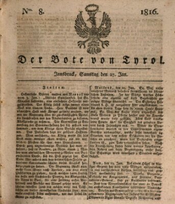 Bote für Tirol (Kaiserlich-Königlich privilegirter Bothe von und für Tirol und Vorarlberg) Samstag 27. Januar 1816