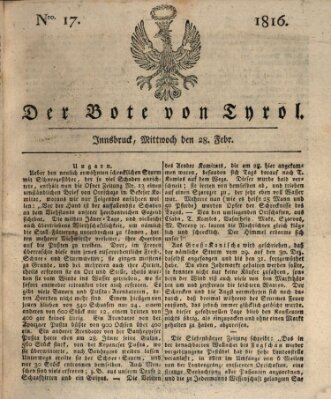 Bote für Tirol (Kaiserlich-Königlich privilegirter Bothe von und für Tirol und Vorarlberg) Mittwoch 28. Februar 1816