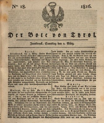 Bote für Tirol (Kaiserlich-Königlich privilegirter Bothe von und für Tirol und Vorarlberg) Samstag 2. März 1816