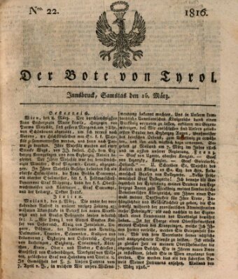 Bote für Tirol (Kaiserlich-Königlich privilegirter Bothe von und für Tirol und Vorarlberg) Samstag 16. März 1816