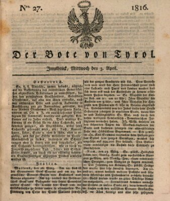 Bote für Tirol (Kaiserlich-Königlich privilegirter Bothe von und für Tirol und Vorarlberg) Mittwoch 3. April 1816