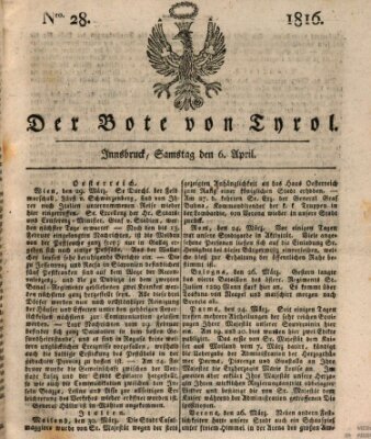 Bote für Tirol (Kaiserlich-Königlich privilegirter Bothe von und für Tirol und Vorarlberg) Samstag 6. April 1816