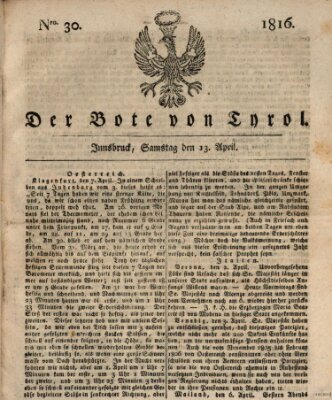 Bote für Tirol (Kaiserlich-Königlich privilegirter Bothe von und für Tirol und Vorarlberg) Samstag 13. April 1816