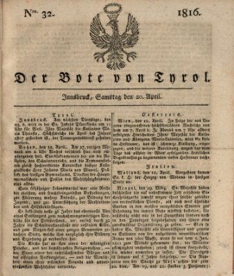 Bote für Tirol (Kaiserlich-Königlich privilegirter Bothe von und für Tirol und Vorarlberg) Samstag 20. April 1816