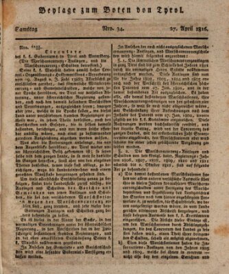 Bote für Tirol (Kaiserlich-Königlich privilegirter Bothe von und für Tirol und Vorarlberg) Samstag 27. April 1816