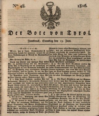 Bote für Tirol (Kaiserlich-Königlich privilegirter Bothe von und für Tirol und Vorarlberg) Samstag 15. Juni 1816