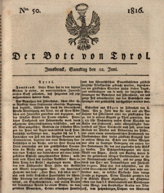 Bote für Tirol (Kaiserlich-Königlich privilegirter Bothe von und für Tirol und Vorarlberg) Samstag 22. Juni 1816