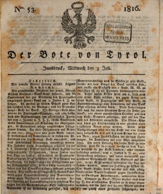 Bote für Tirol (Kaiserlich-Königlich privilegirter Bothe von und für Tirol und Vorarlberg) Mittwoch 3. Juli 1816