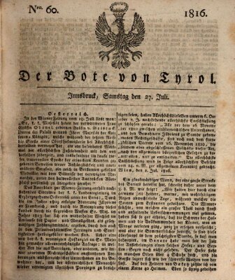 Bote für Tirol (Kaiserlich-Königlich privilegirter Bothe von und für Tirol und Vorarlberg) Samstag 27. Juli 1816