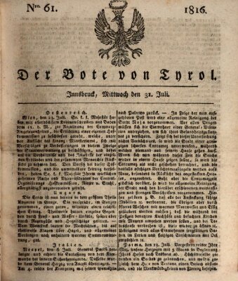 Bote für Tirol (Kaiserlich-Königlich privilegirter Bothe von und für Tirol und Vorarlberg) Mittwoch 31. Juli 1816