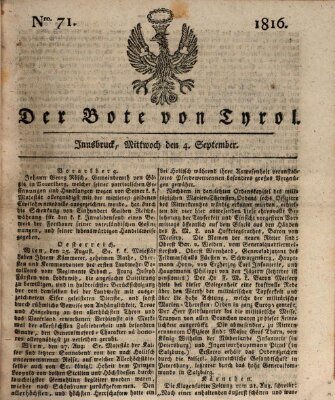 Bote für Tirol (Kaiserlich-Königlich privilegirter Bothe von und für Tirol und Vorarlberg) Mittwoch 4. September 1816