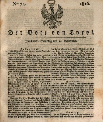 Bote für Tirol (Kaiserlich-Königlich privilegirter Bothe von und für Tirol und Vorarlberg) Samstag 14. September 1816