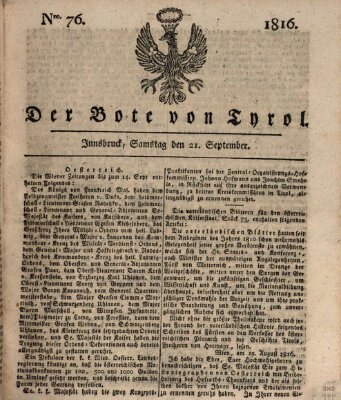 Bote für Tirol (Kaiserlich-Königlich privilegirter Bothe von und für Tirol und Vorarlberg) Samstag 21. September 1816