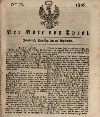 Bote für Tirol (Kaiserlich-Königlich privilegirter Bothe von und für Tirol und Vorarlberg) Samstag 28. September 1816