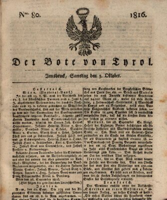 Bote für Tirol (Kaiserlich-Königlich privilegirter Bothe von und für Tirol und Vorarlberg) Samstag 5. Oktober 1816