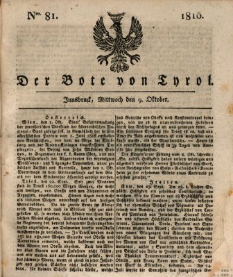 Bote für Tirol (Kaiserlich-Königlich privilegirter Bothe von und für Tirol und Vorarlberg) Mittwoch 9. Oktober 1816