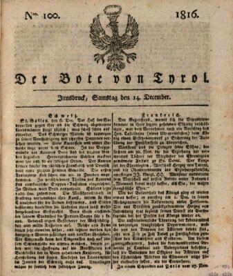 Bote für Tirol (Kaiserlich-Königlich privilegirter Bothe von und für Tirol und Vorarlberg) Samstag 14. Dezember 1816