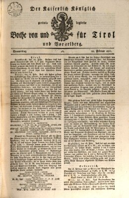 Kaiserlich-Königlich privilegirter Bothe von und für Tirol und Vorarlberg Donnerstag 22. Februar 1821