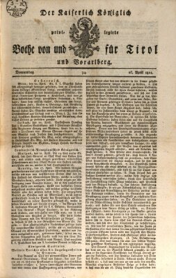 Kaiserlich-Königlich privilegirter Bothe von und für Tirol und Vorarlberg Donnerstag 26. April 1821