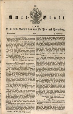 Kaiserlich-Königlich privilegirter Bothe von und für Tirol und Vorarlberg Donnerstag 5. April 1821