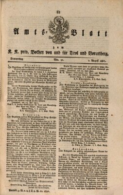 Kaiserlich-Königlich privilegirter Bothe von und für Tirol und Vorarlberg Donnerstag 2. August 1821