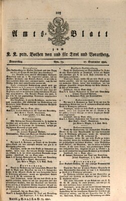 Kaiserlich-Königlich privilegirter Bothe von und für Tirol und Vorarlberg Donnerstag 27. September 1821