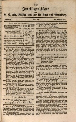 Kaiserlich-Königlich privilegirter Bothe von und für Tirol und Vorarlberg Montag 13. August 1821