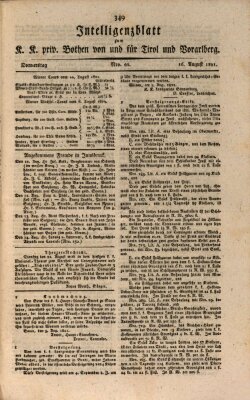 Kaiserlich-Königlich privilegirter Bothe von und für Tirol und Vorarlberg Donnerstag 16. August 1821