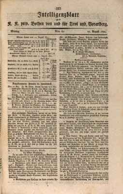 Kaiserlich-Königlich privilegirter Bothe von und für Tirol und Vorarlberg Montag 20. August 1821