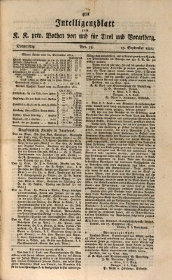 Kaiserlich-Königlich privilegirter Bothe von und für Tirol und Vorarlberg Donnerstag 27. September 1821